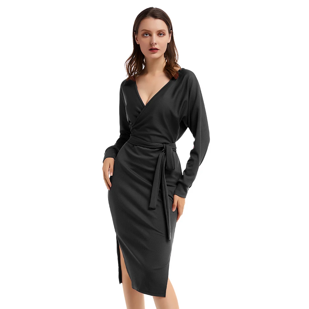 Bikitique однотонное с глубоким v-образным вырезом длинным рукавом Трикотажное