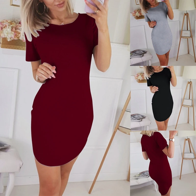 

Women's Casual Split Tight Short-Sleeved Dress Casual Basic Mini Solid Color Dress