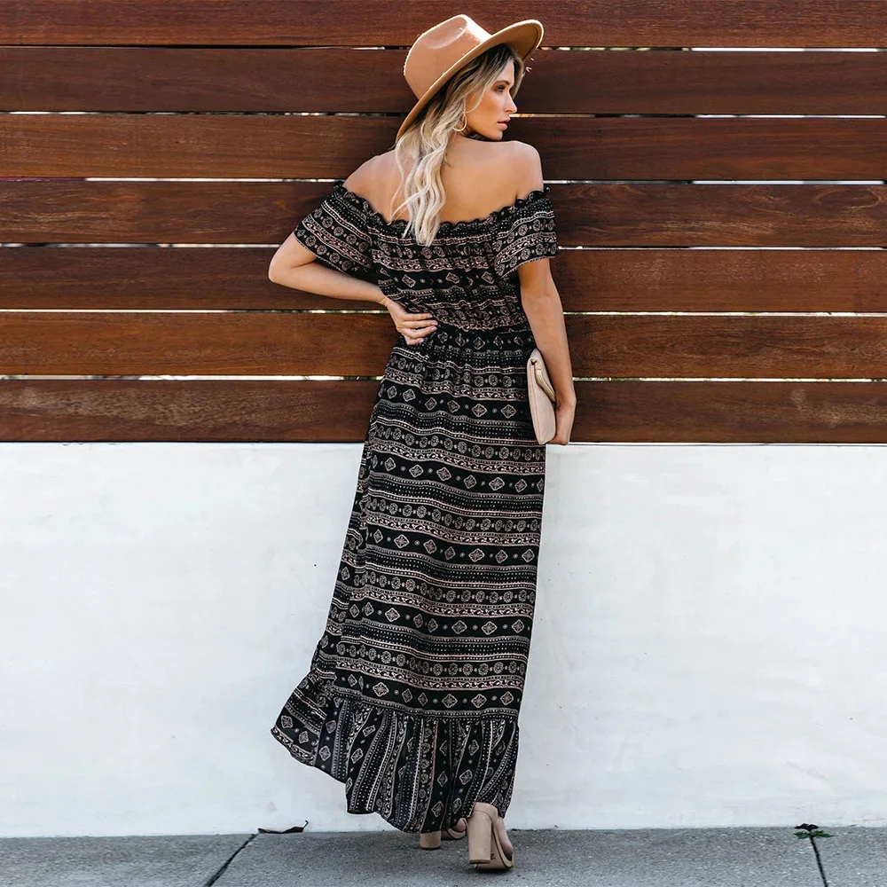 

2021 Woman Boho Summer Dresses Women's Clothing Big Type One Shoulder Plaid Maxi Dress Elegant Party Sexy Vestidos Robes New