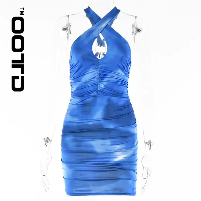 

OOTD Tie Dye Print Sexy Backless Dress Women Bandage Bodycon Dresses 2021 Spring Femmle Lace Up Skinny Party Short Vestidos 2021