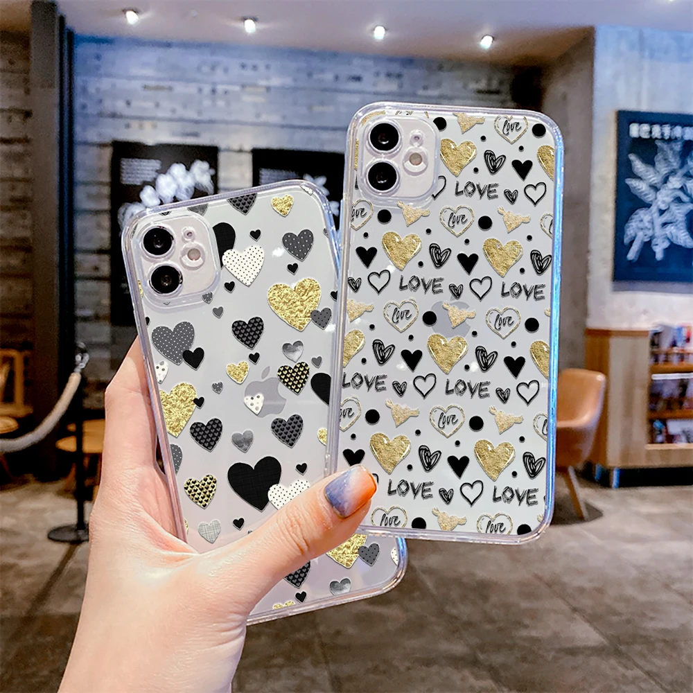 

Love Heart Black Pattern Phone Case for iphone 13 12 11 Pro Max Mini 6 6s 7 8 Plus SE2020 X XR XS Shockproof Clear Shell Coque