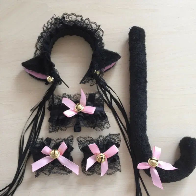 

5PCS Cat Fox Fur Ears + Tail Wristbands Anime Neko Costume Hair Headband cosplay