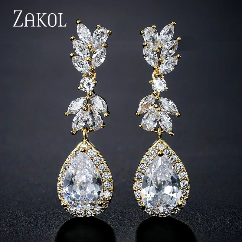 ZAKOL, белый цвет, в форме цветка, циркон, капля воды, кристалл, подвеска, висячие серьги для невесты, свадебные украшения, аксессуары FSEP2226