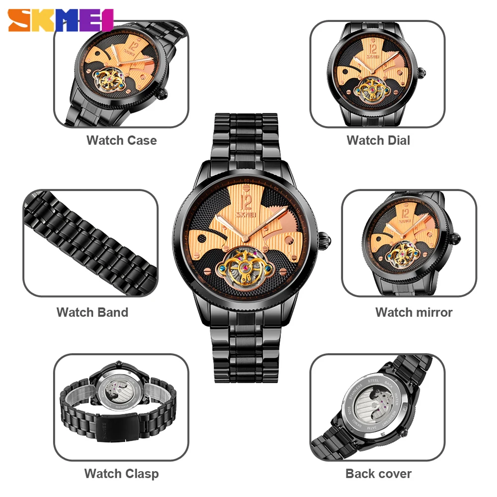 

SKMEI Luxury Quartz Mens Watch Creative Automatic Mechanical Wristwatch Stainless Steel Waterproof Male Clock Relogio Masculino