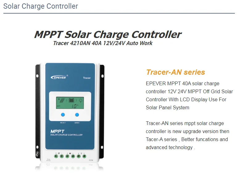 EPEVER MPPT Солнечный контроллер 40A, 12 V/24 V общее отрицательное заземление, макс PV 100 Входная мощность 520 W/12 V, 1040 W/24 V Tracer 4210an