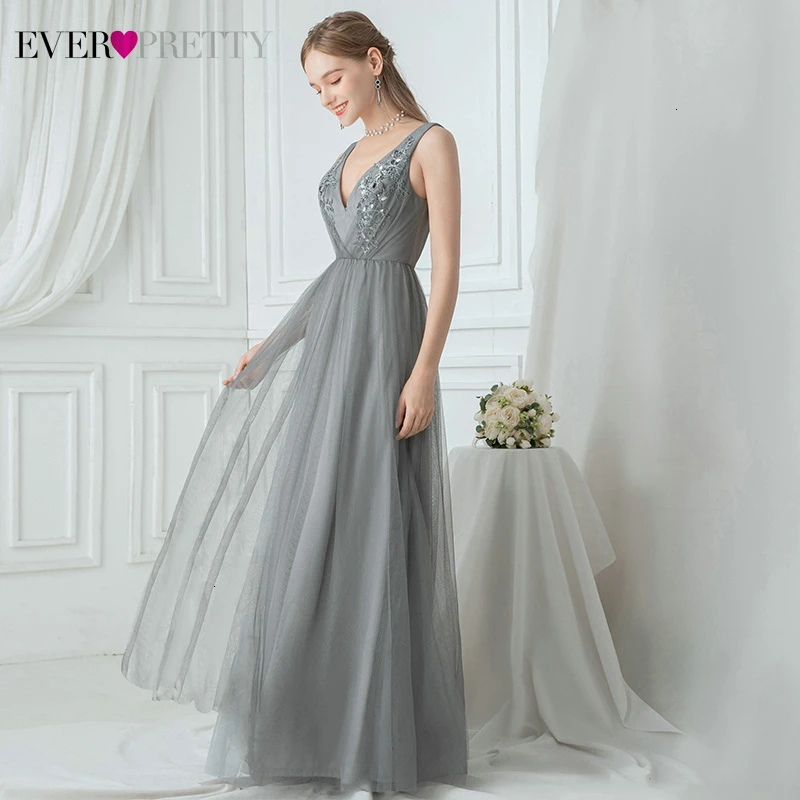 Grey Evening Dresses Ever Pretty A-Line Double V-Neck Sleeveless Appliques Tulle Elegant Long Party Gowns Abiye Gece Elbisesi