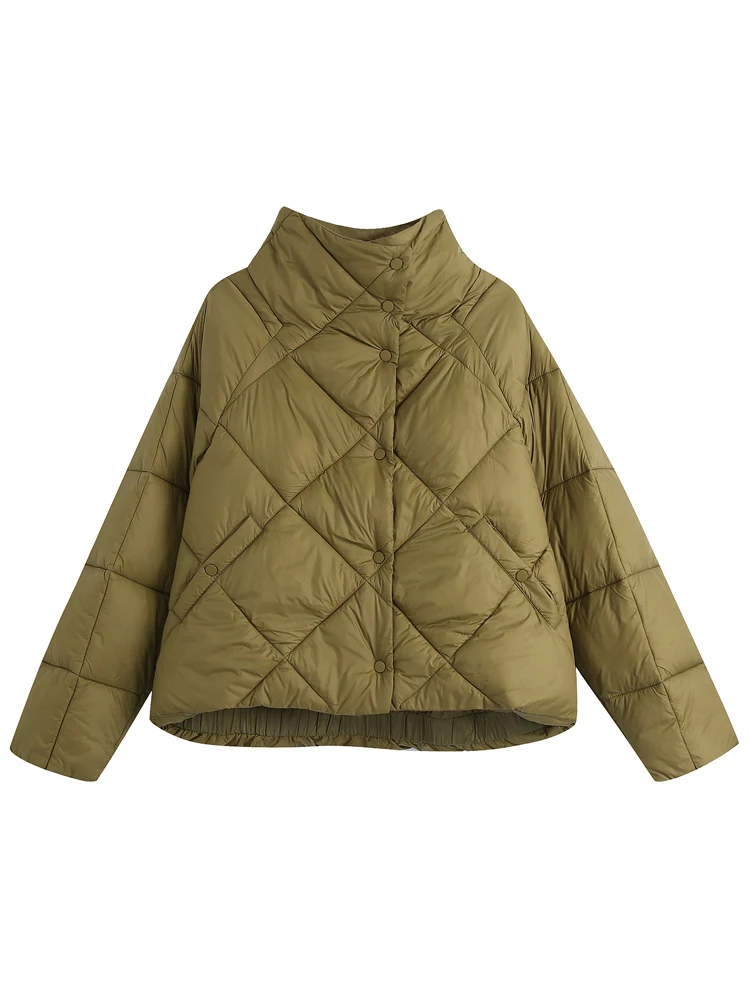 Women 2021 fashion front pockets snap-button jacket parkas coat vintage high neck long sleeve female outerwear chic tops