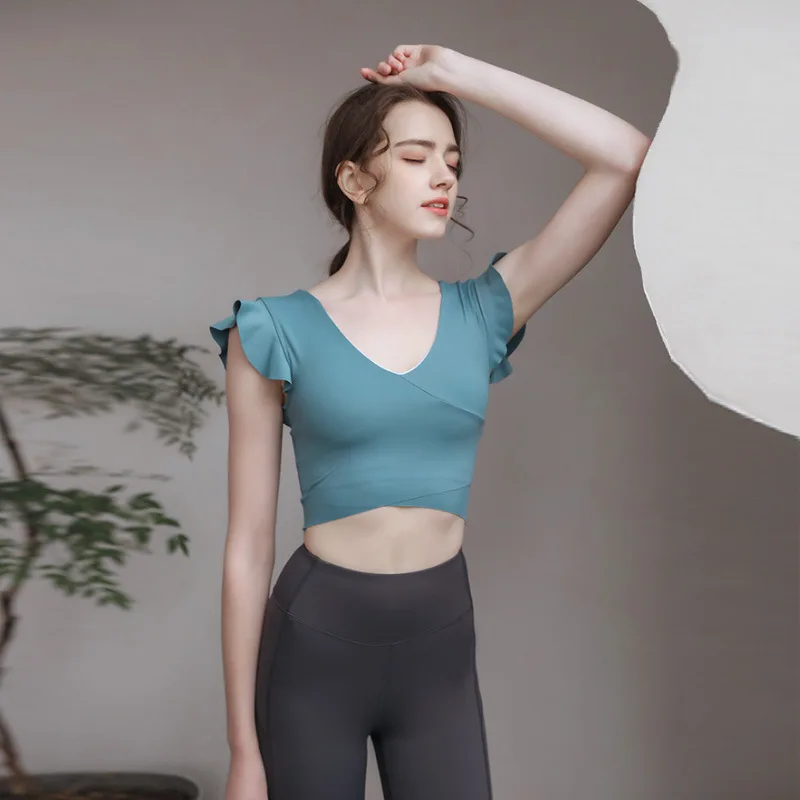 Одежда для йоги женские топы с листьями лотоса сетчатые красные короткими