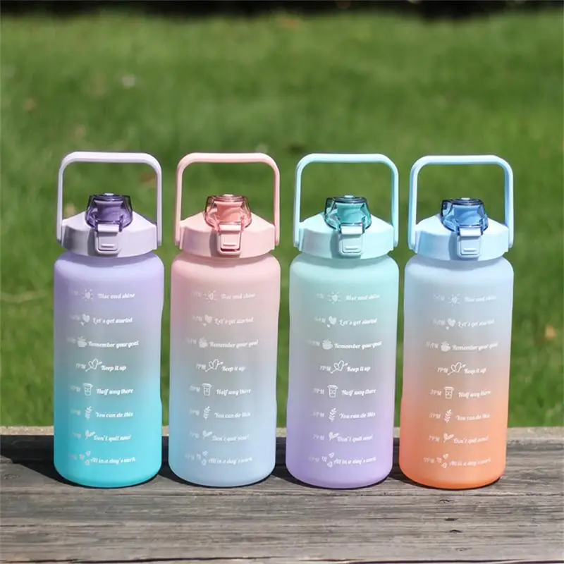 2 Liter Large Capacity Free Motivational With Time Marker Fitness Jugs Gradient Color Plastic Cups Outdoor Frosted Water Bottle | Дом и сад