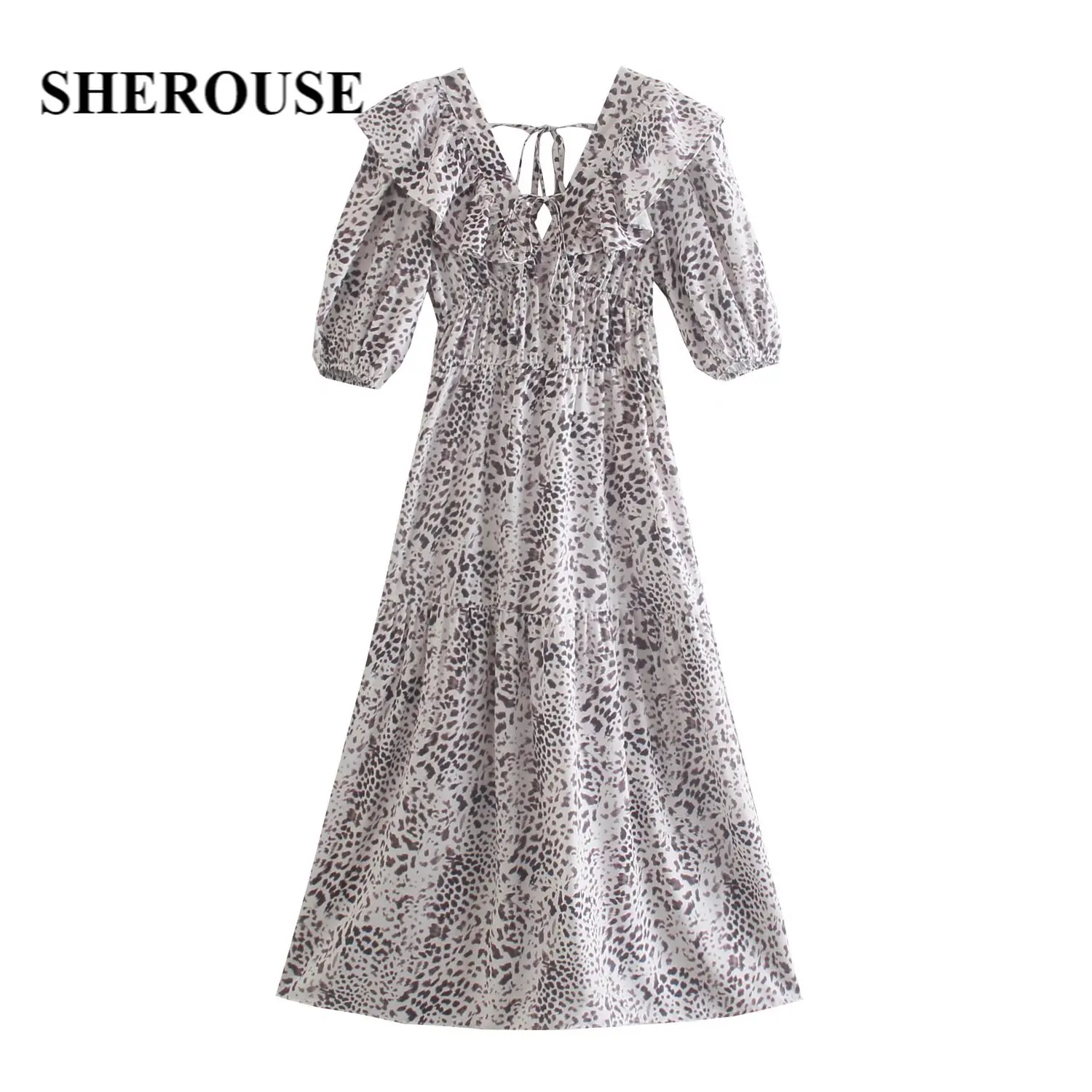 

Женское платье с оборками и рукавами-фонариками Sherouse, повседневное длинное платье с v-образным вырезом и завязками