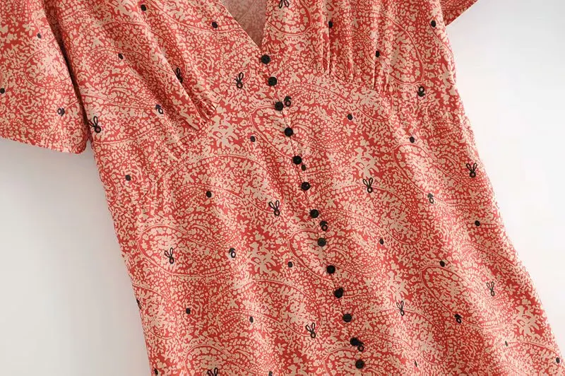 Vintage Elegant Ruffles Buttons Print Maxi Dress Women Fashion V Neck Short Sleeve Side Zipper Dresses Vestidos Mujer