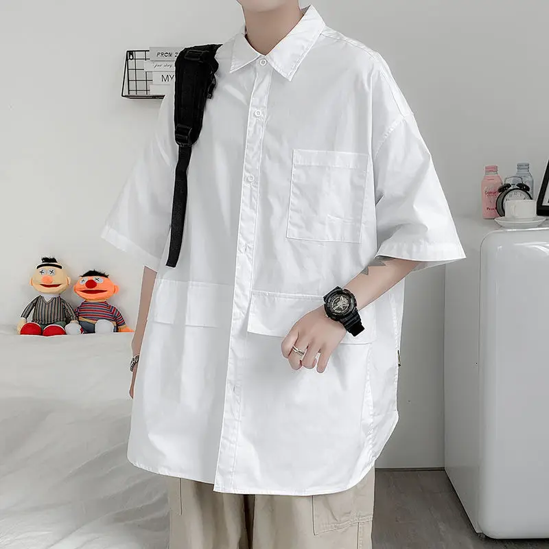 

Summer Short-sleeved Shirt Men's Fashion Black White Shirt Men Streetwear Korean Loose Dress Shirts Mens Pocket Casual Shirt