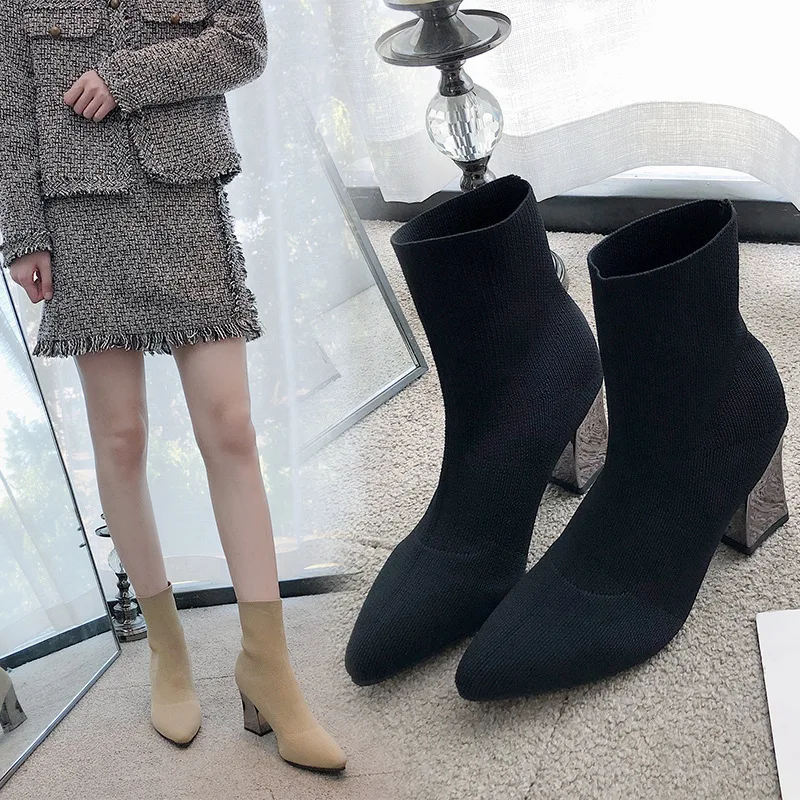 Новые женские ботинки на толстом каблуке с острым носком ботильоны женская