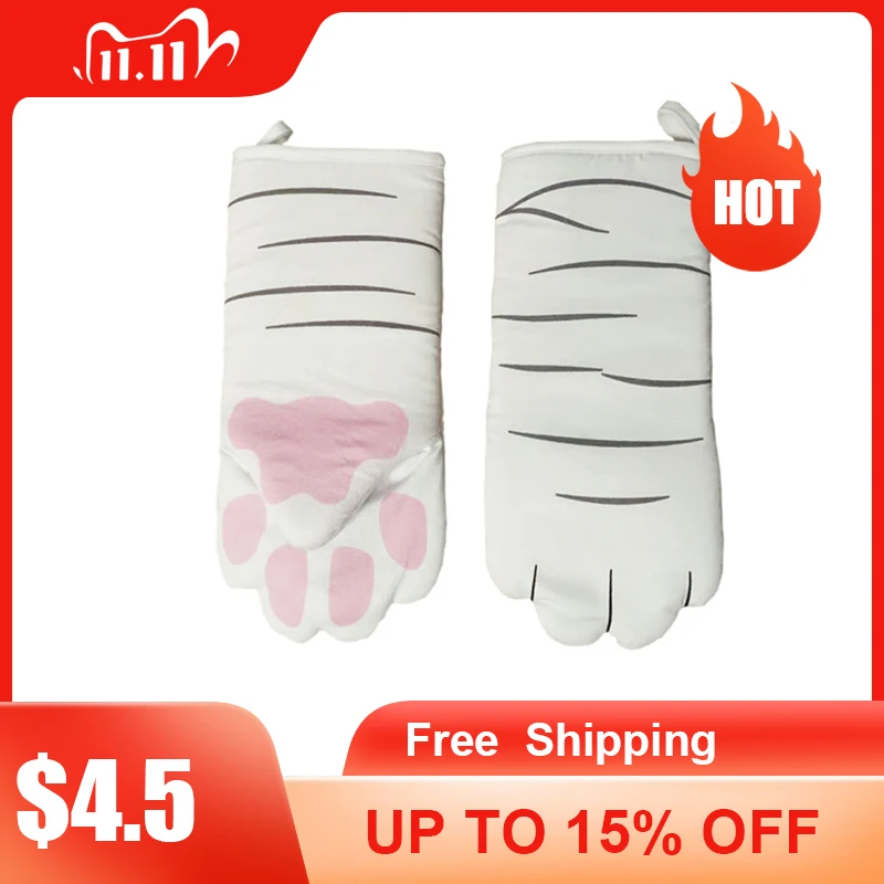 

1Pcs 3D Cartoon Cat Paws Oven Mitts Long Cotton Baking Insulation Gloves Microwave Heat Resistant Non-slip Home Kitchen Gloves