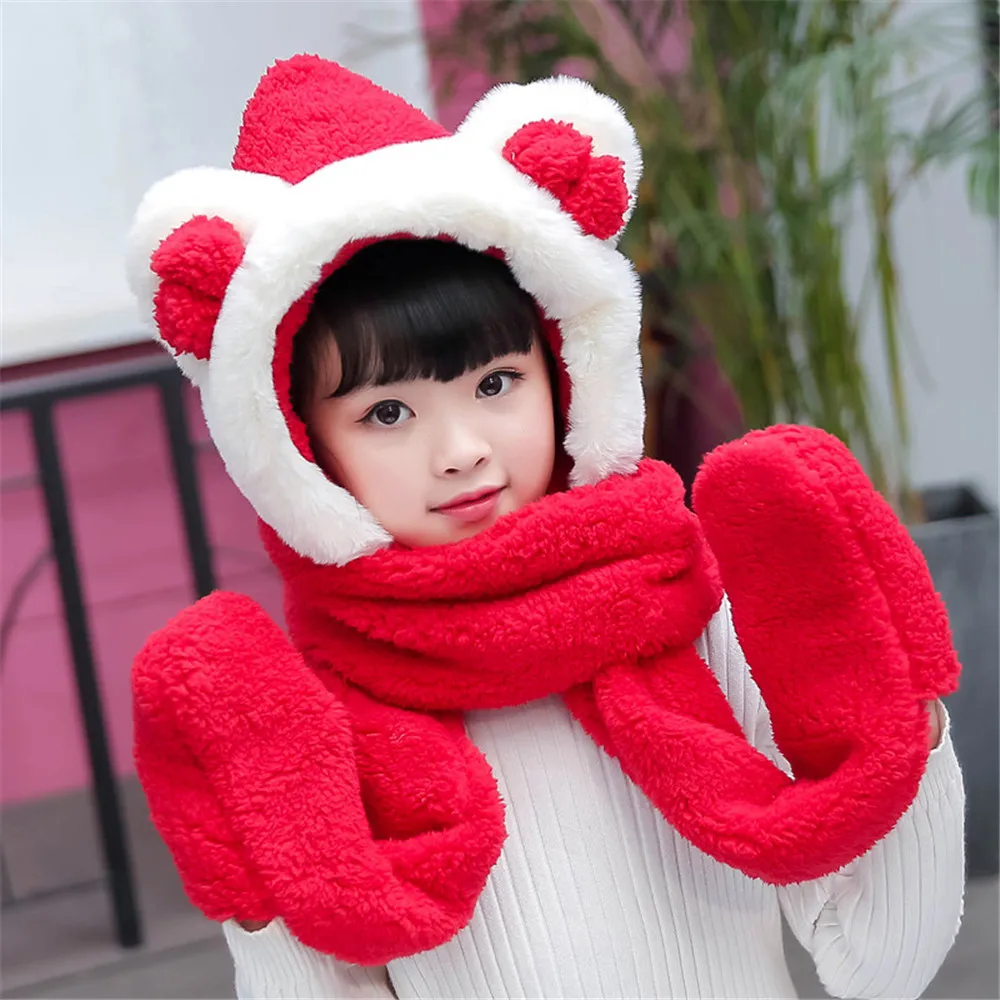 

2020 Autumn And Winter New Kids Warm Scarf With Hat Gloves Three-piece Bow Children Cute Cartoon Plush Scarf Gloves