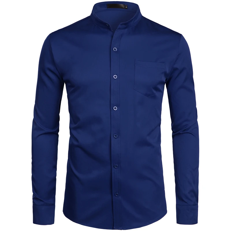 Stand Collar White Mens Dress Shirts Single Pocket Slim Fit Wedding Shirt Men Chemise Homme Solid Color Casual Button Down Shirt
