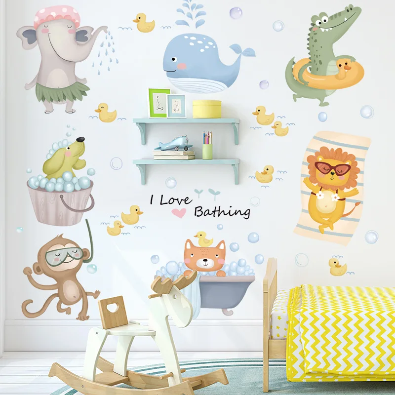 

Cartoon Play in the Water Animals Wall Stickers for Kids rooms Bathroom Tile Wall Decor Waterproof Vinyl Wall Decals Home Decor