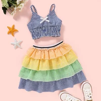 micol emilly children clothes set girls vest checkered stripe skirts 2 pieces tulle fringed dress cupcake skirts 2 7 years