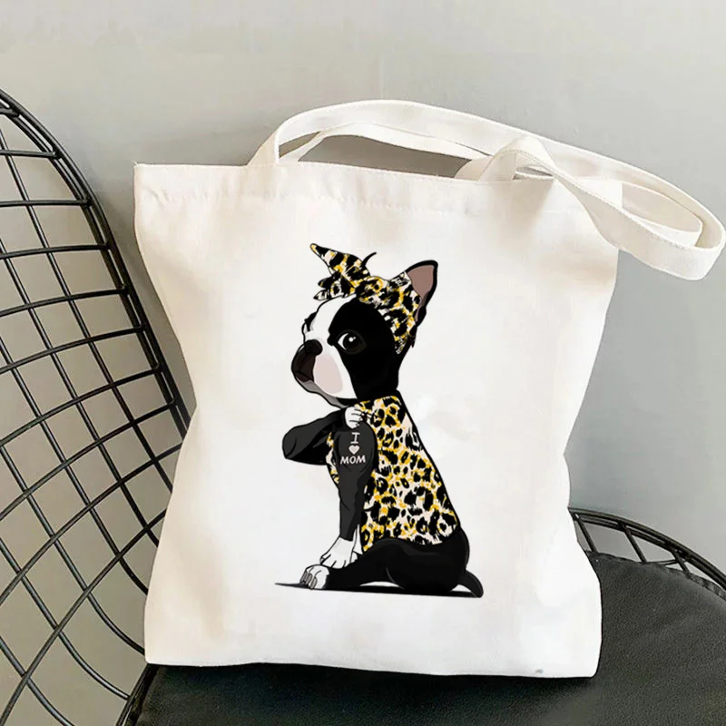 

Shopper Leopard Bandanas Boston Terrier I LOVE MOM Printed Tote Bag women shopper handbag girl Shoulder shopping Lady Canvas Bag