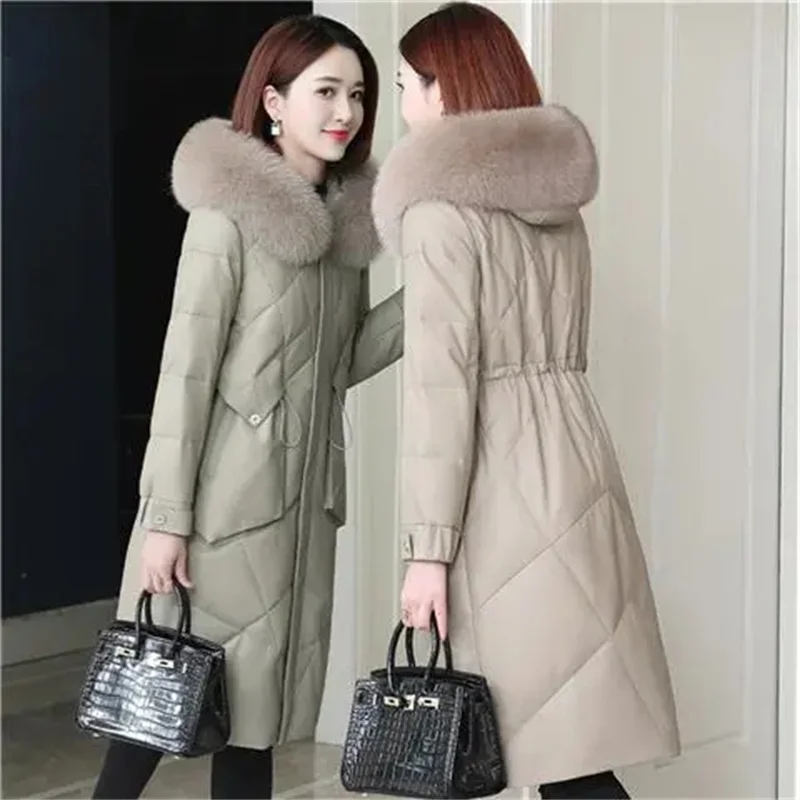 High-End Down Cotton Jacket Female pu Leather Mid-Length 2022 New Haining Faux Fur Slimming Temperament Sheepskin Jacket Wome