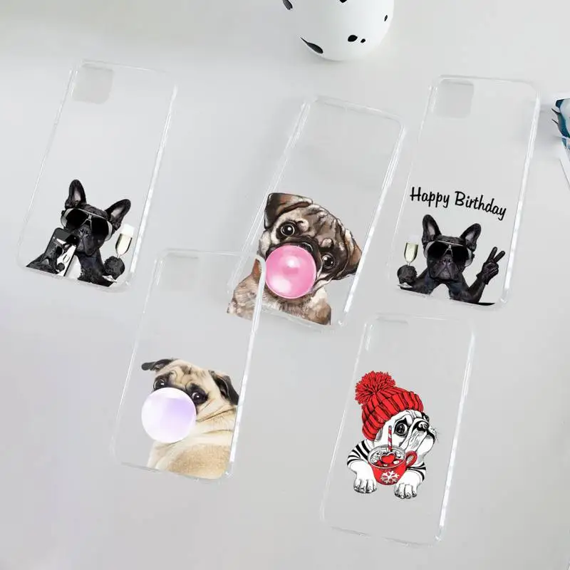 

Cute dog puppy Pug Bulldog blowing Phone Case Clear Transparent for iPhone 11 12 13 mini pro XS MAX 8 7 6 6S Plus X SE XR 2020