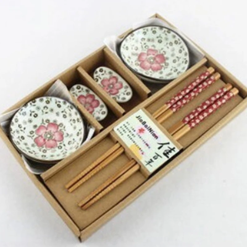 Chopsticks Dish Set Bamboo Gift Box Ceramic Chinese Flower Pattern Kitchen Supplies Tableware |