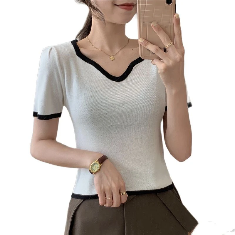 

Square neck knitted top 2021 summer short-sleeved T-shirt women Korean version of the bottoming shirt short women's clothing