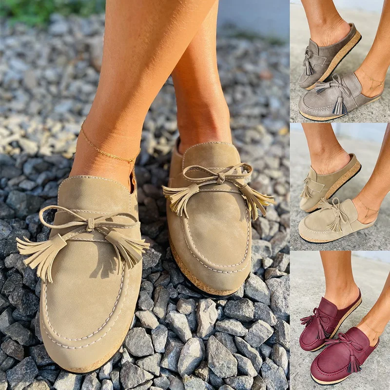 

Women's Flat Sandals 2020 Solid Color slippers Tassel Bow Tie Heel Sandals New