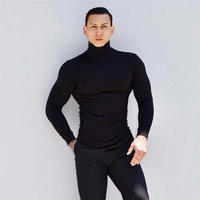 Autumn new solid color high collar mens slim body long sleeve shirt gym muscle fitness male stretch exercise T-shirt | Мужская одежда