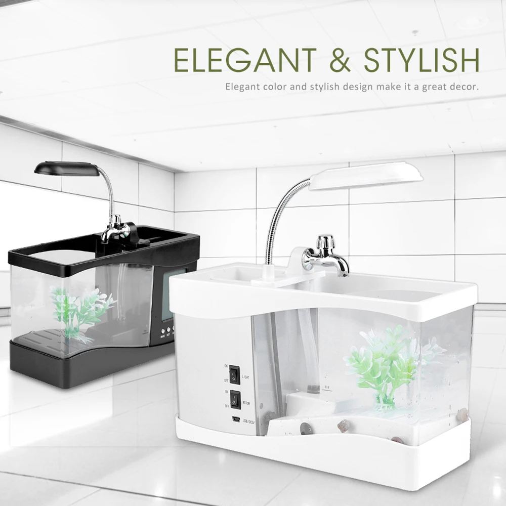 

Aquarium LED Mini Fish Tank Light Penholder Student Desk Lamp Table Light Aquarium Light Clock Function LED Light LCD Display