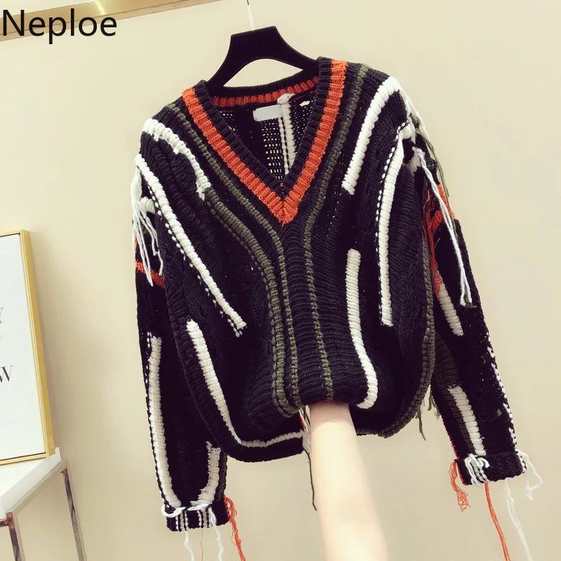 Neploe, корейский дизайн, v-образный вырез, пэчворк, толстый, Pull Femme, Elagant, вязаный свитер с кисточками, женский осенне-зимний пуловер, 46473