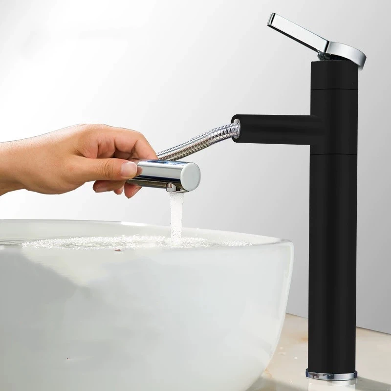 

Basin Faucets Black Brass Bathroom Wash-basin Pull-Out Faucet Flush Any Angle Deck Mounted Cold Hot Water White Sink Mixing Taps