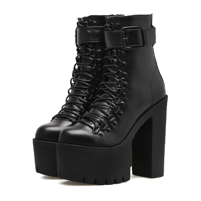 

Fashion Motorcycle Boots Women Leather Spring Autumn Metal Buckle High Heels Shoes Zipper Black Ankle Boots Woman Lacing