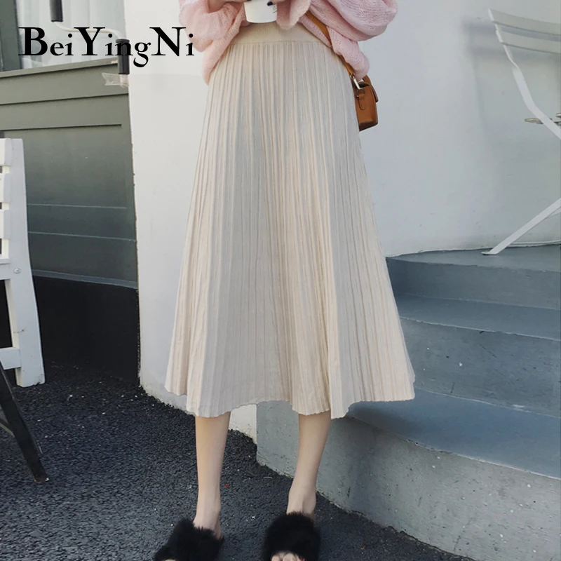 

Beiyingni High Waist A-line Skirt Woman Knitted Chic Thick Elastic Band Retro Solid Kpop Maxi Long Black Midi Skirts Ladies Saia