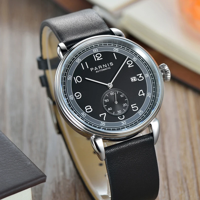 

Casual Parnis 42mm Black Dial Automatic Mechanical Men's Watch Silver Case Calendar Men Watches montre homme 2023 Man Clock Gift