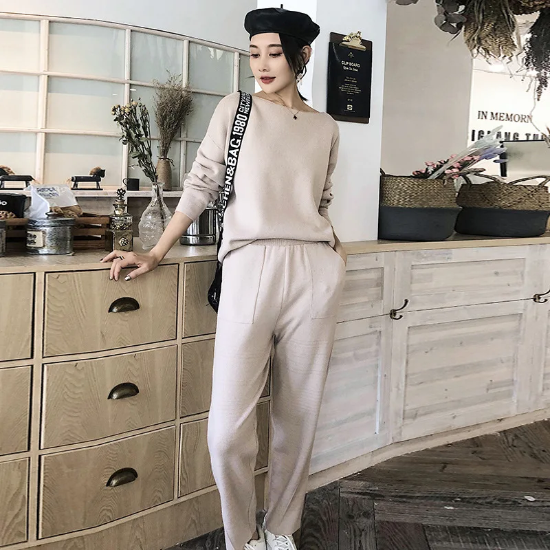 

Women Cashmere Sweater Two Piece knitted Sets Slim Tracksuit 2020 Spring Autumn Fashion Sweatshirts Sporting Suit Female