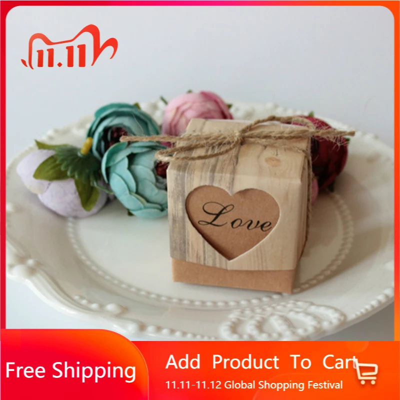 

40pcs Vintage Heart Kraft Candy & Gift Box with Rustic Burlap Twine Decoration Wedding Gifts for Guests Party Favors Supplies,W