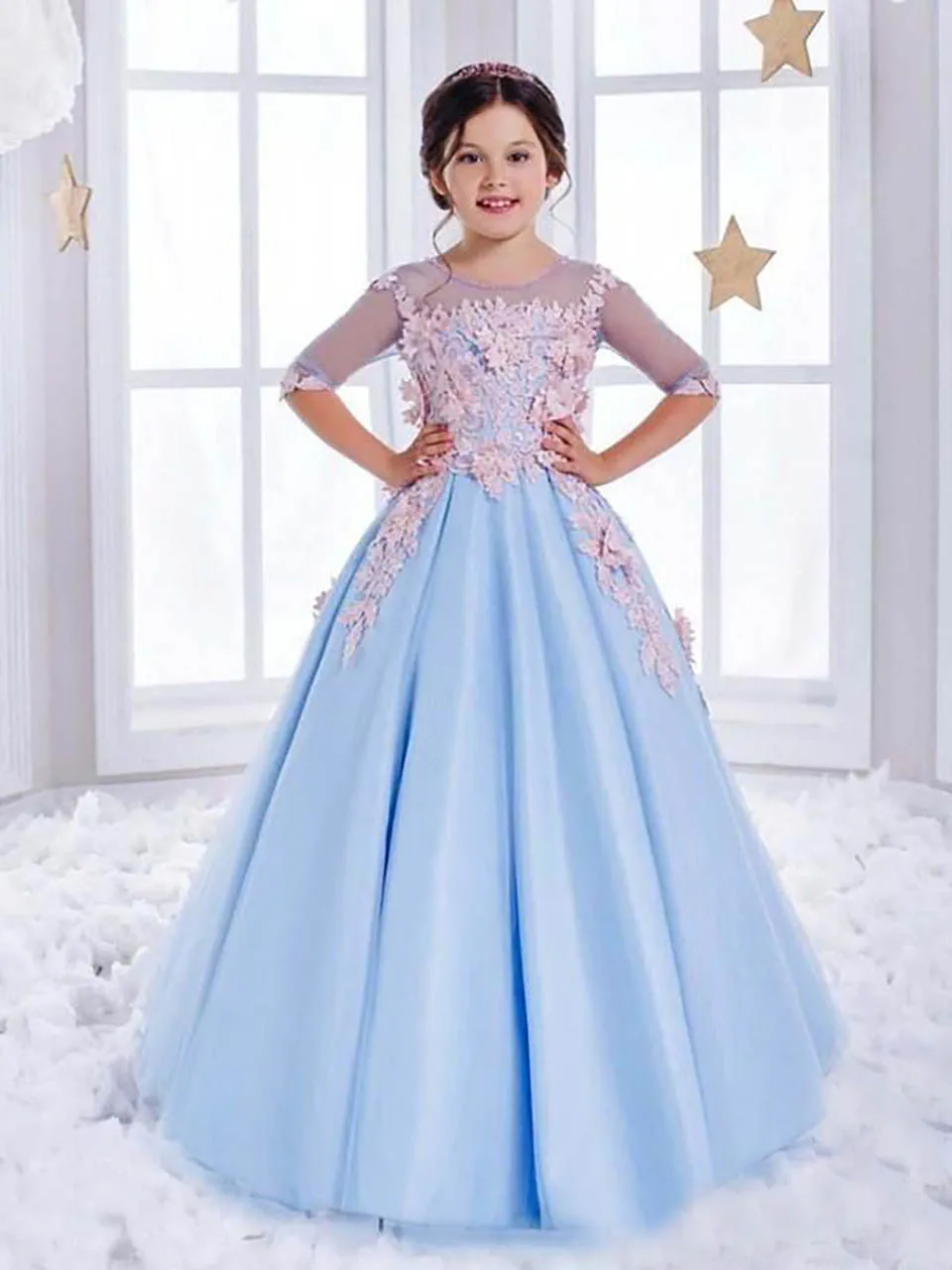 

O-Neck Kids Formal Wear Baby Children Party Dress Applique Tulle Beaded New Birthday Christmas Sleeveless Flower Girls Dresses