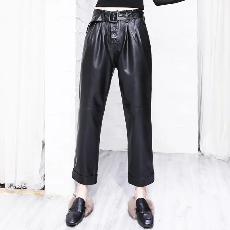

Осенние женские весенние кожаные брюки с высокой талией, высококачественные прямые брюки из натуральной овечьей кожи C654
