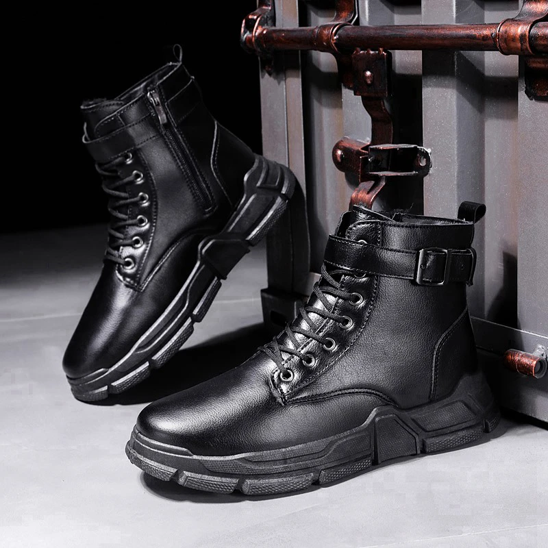

2021 Warm Winter Men Boots Pu Leather Ankle Boots Men Winter Work Shoes Men Military Fur Snow Boots for Men Botas