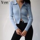 Женский трикотажный свитер на молнии, черный или синий Укороченный кардиган с длинным рукавом, Осень-зима