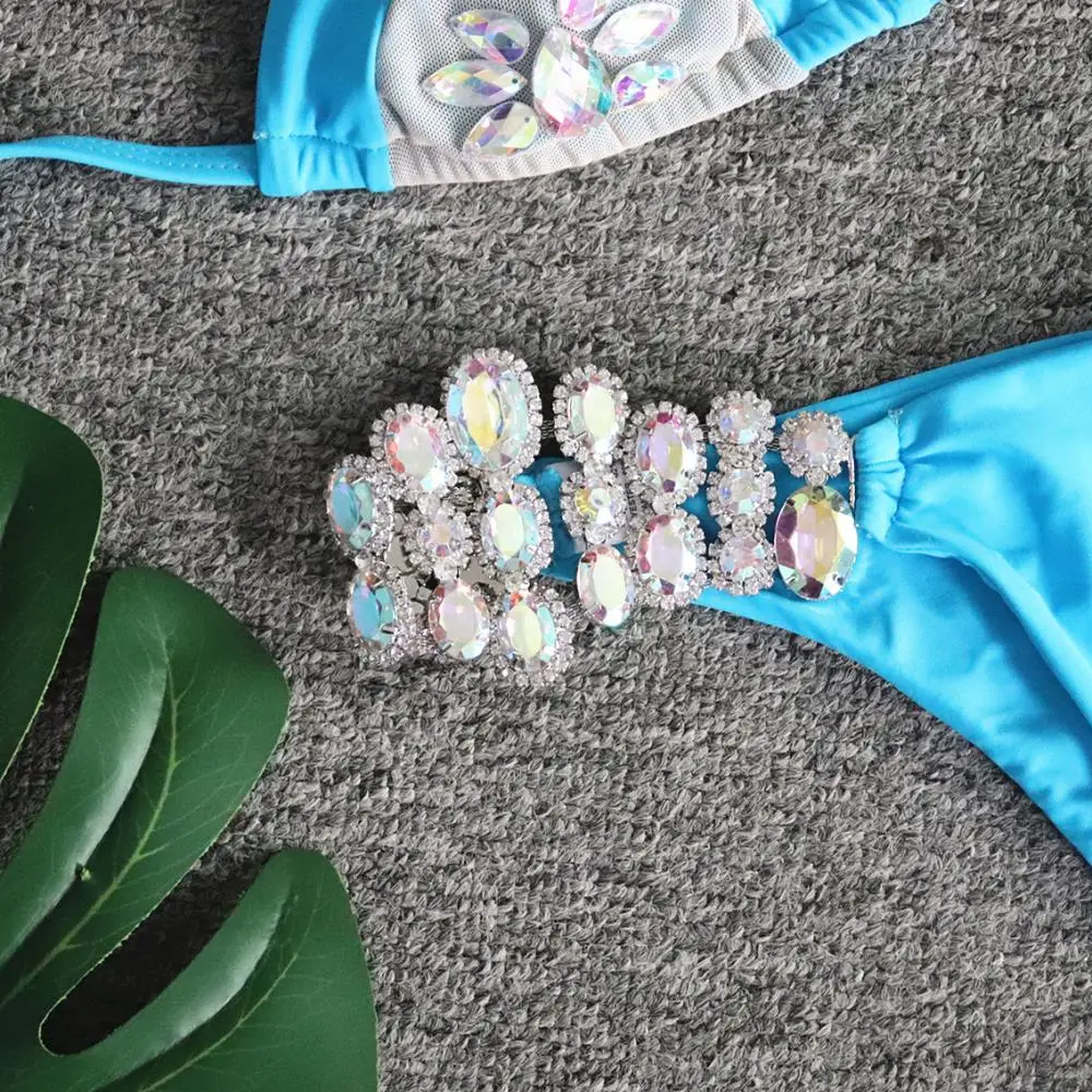 

Halter Thong Crystal Swimwear Women Bathing Suit 2019 Rhinestone Diamond Luxury Bandage Blue Push Up Bikinis Women Swimsuit
