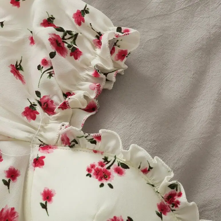 

Summer square collar fungus side Sweet wind print short section puff sleeve zipper t-shirt women