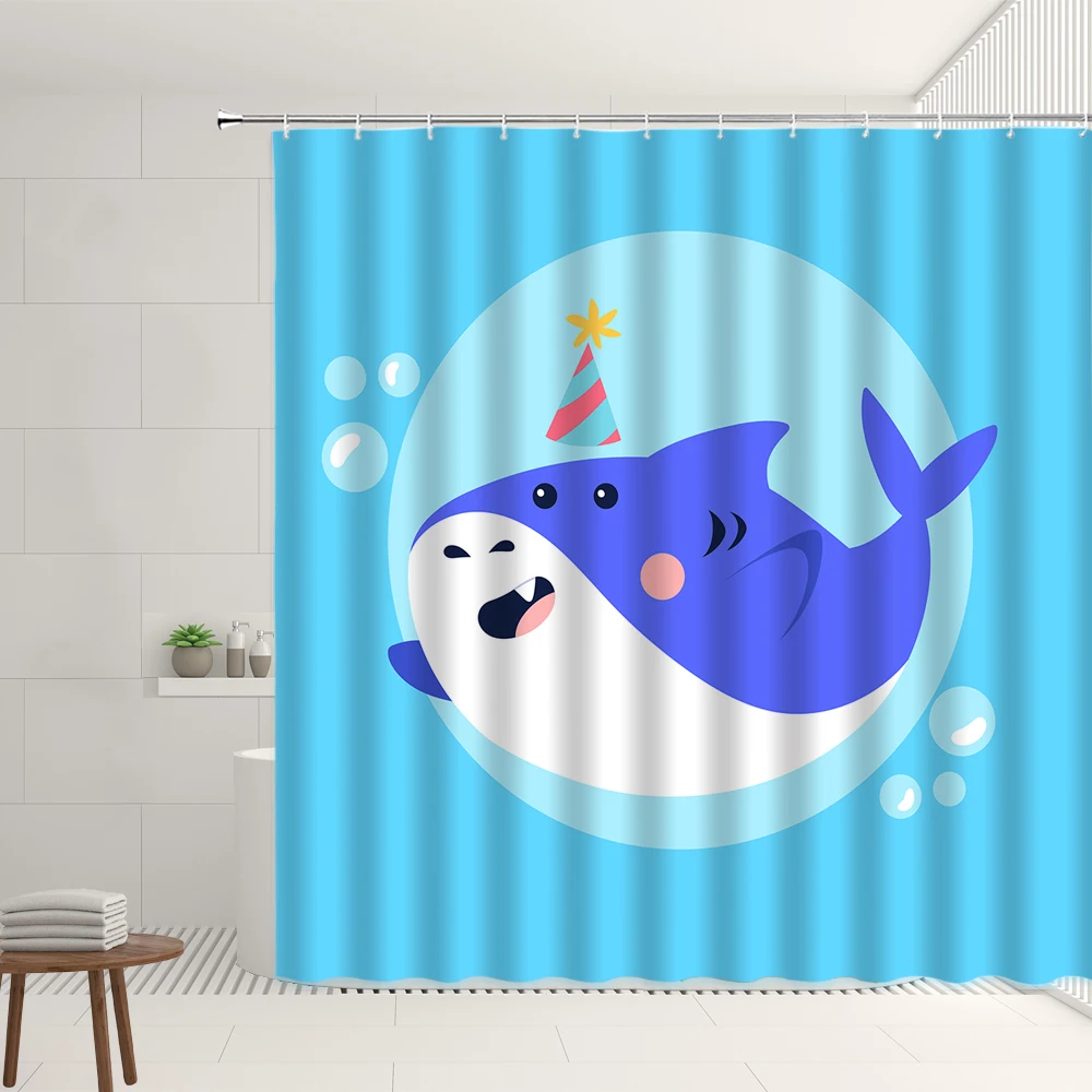

Cartoons Ocean Animals Shower Curtain Cute Whale Clownfish Pattern Children Room Bathroom Polyester Screen Home Luxury Decor Set