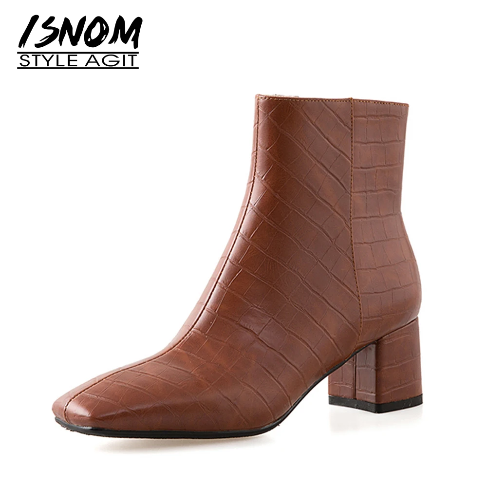 

Women Genuine Leather Ankle Boots Sexy Crocodile Pattern Fashion Side Zipper Square Toe Thick High Heels Bootie