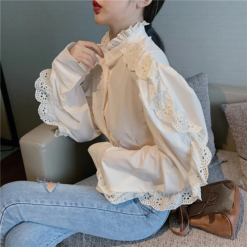 

lace up Slim stand blusas mujer de moda Korean ladies tops autumn style long sleeve fashion brand shirts new women blouses