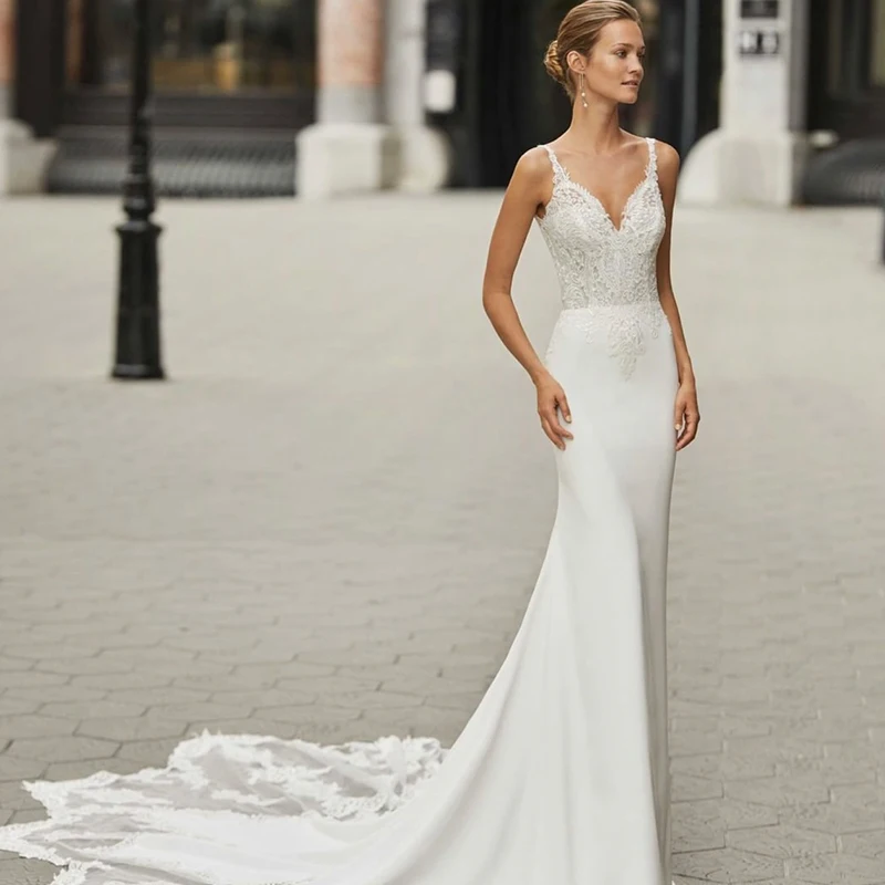 

Custom Made Chiffon Mermaid Wedding Dresses Spahrtti Strap Lace Wedding Gown Sexy Vintage Bride Dress Robe De Mariage V-neck