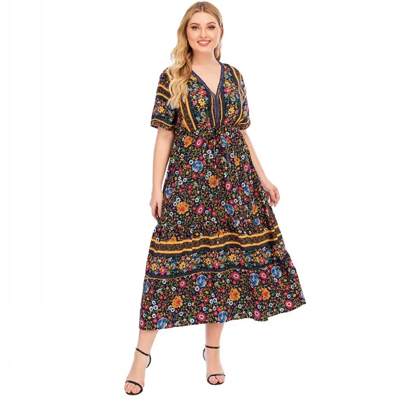 

Dashiki Print Loose Stretch Dress For Women In Large Size Short Sleeve Dress Fashion 2021 Summer New European American Clothing