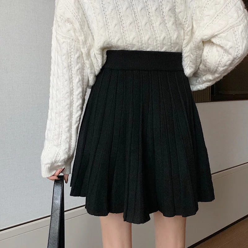 

Pleated Mini Skirts Women Solid Elastic Waist Kawaii Casual Summer Trendy Lovely n Style Students Knitting Slim Fashion