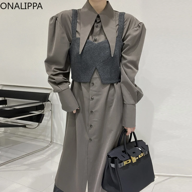 

Onalippa Women Sets 2021 Autumn Elegant Temperament Ladies Retro Pointy Collar Loose Shirt Dress Outer Stacking Small Vest Suit
